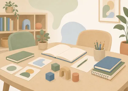 Mesa de estudio ordenada con cuaderno abierto, lápices y tarjetas educativas