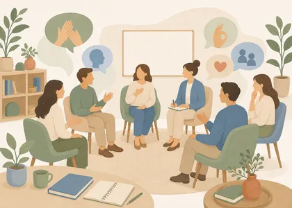 Grupo de personas en círculo participando en un taller en una sala acogedora